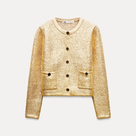 Zara Gold Foil/Lame Button-Up Cardigan - Picture 2 of 4